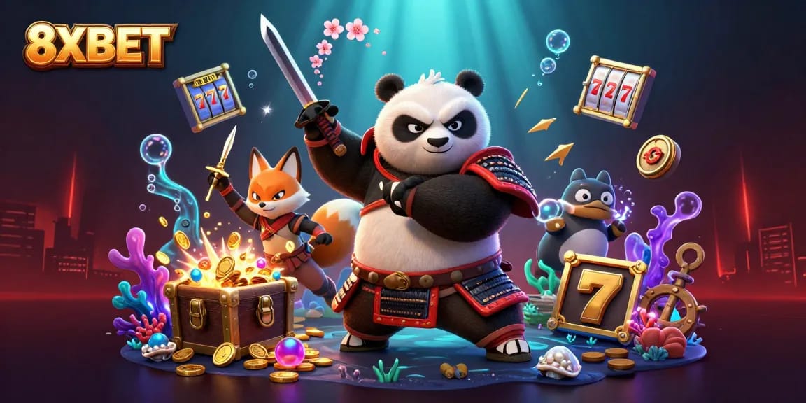 Experience thrilling gameplay with 8XBET, featuring a vibrant samurai panda and thrilling slot reels.