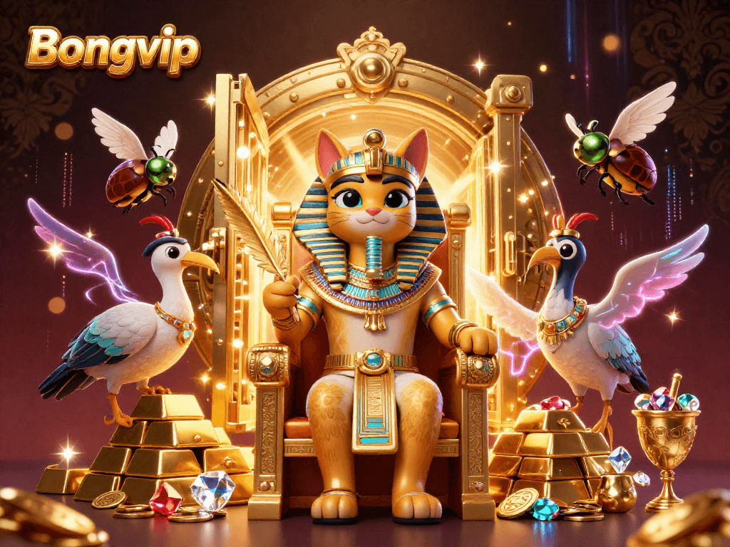 Bongvip showcases vibrant 3D illustration of a pharaoh cat surrounded by treasures, enhancing the gaming experience.