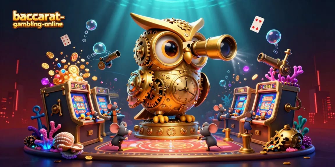 Engage in baccarat-gambling-online with a lively casino scene featuring a golden owl and playful mice.