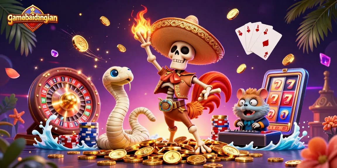 Watch gamebaidangian come alive with exciting characters celebrating on a mound of coins.