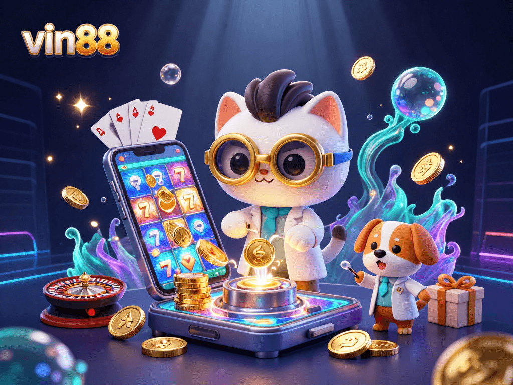 Experience thrilling slot action in vin88 with mad scientist cat and dog!