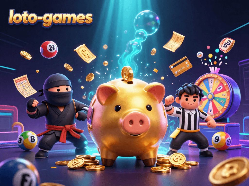 Experience fun with loto-games as golden coins rain down from a sumo wrestler surrounded by colorful lottery elements.