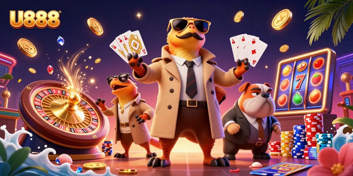 U888 raptors humorously attempt VIP entry at a bustling casino surrounded by golden rewards.