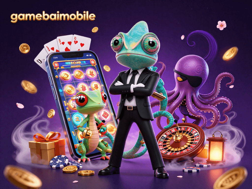 Engage with gamebaimobile's vibrant slot games and rich casino atmosphere in this dynamic 3D illustration.