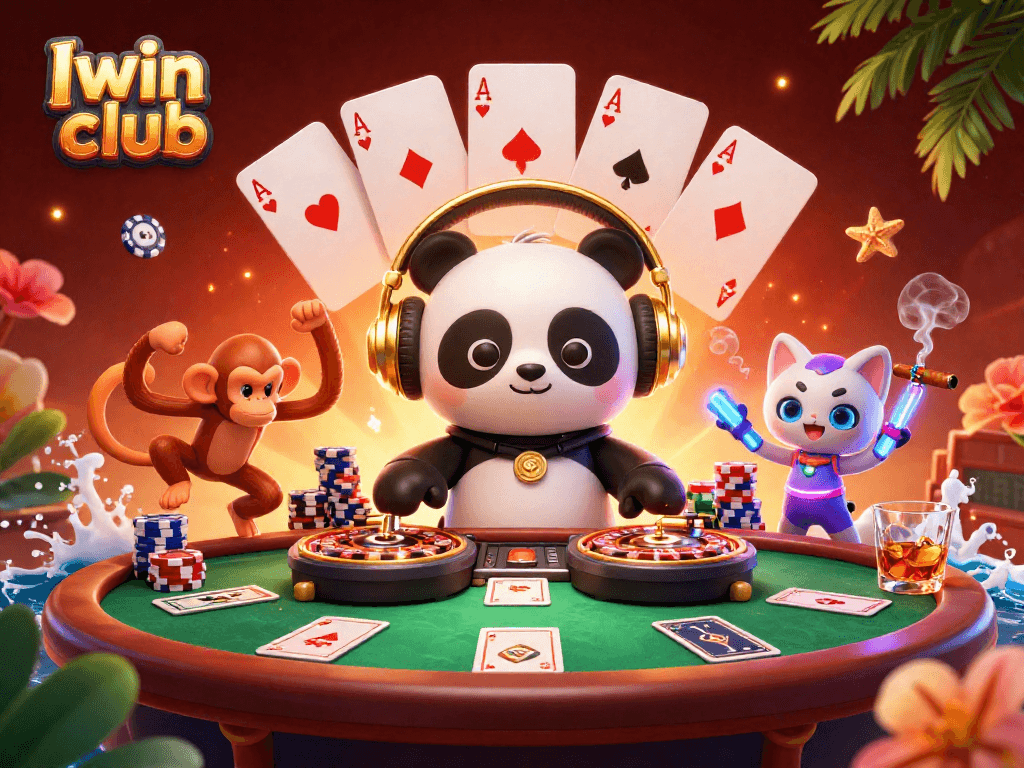 Spin with Iwin club's vibrant casino scene featuring a DJ panda and poker action.