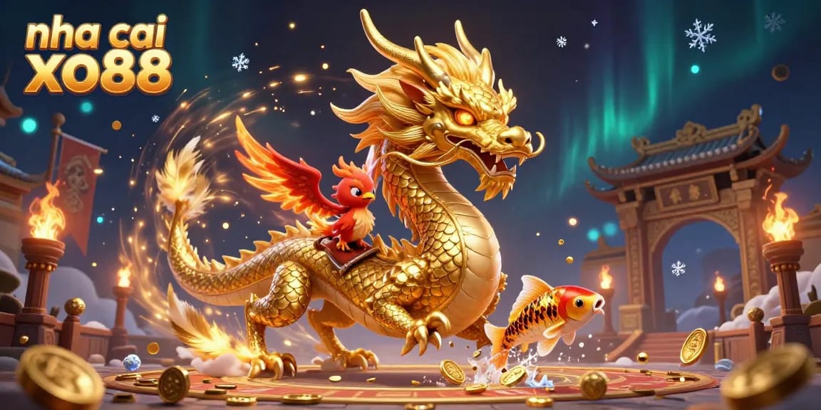 Experience thrilling action at nha cai xo88 with a fierce golden dragon and vibrant casino elements.