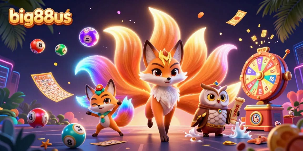 Engage with exciting games at big88us featuring vibrant lottery balls, a mystical fox spirit, and an owl sage