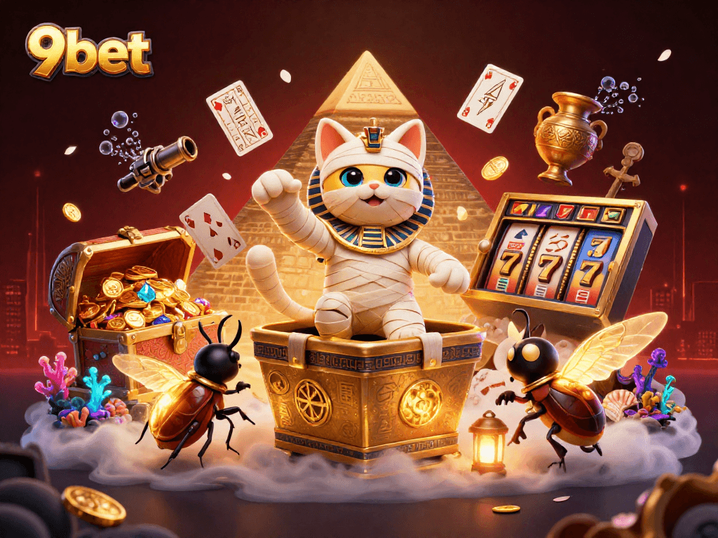 Simplify your gambling strategies with 9bet's dynamic casino scene featuring an Egyptian mummy cat.