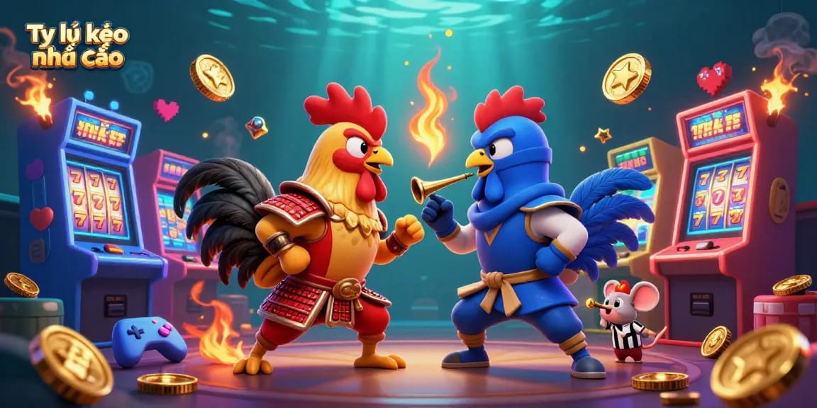 Tỷ lệ kèo nhà cái showcases an intense duel between cartoon roosters in a vibrant casino setting.