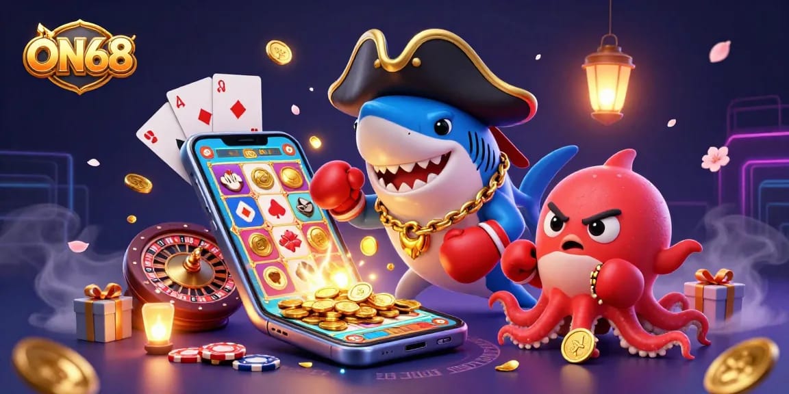 Experience the thrill of ON68 with a cartoon pirate shark and friends in a vibrant casino atmosphere.