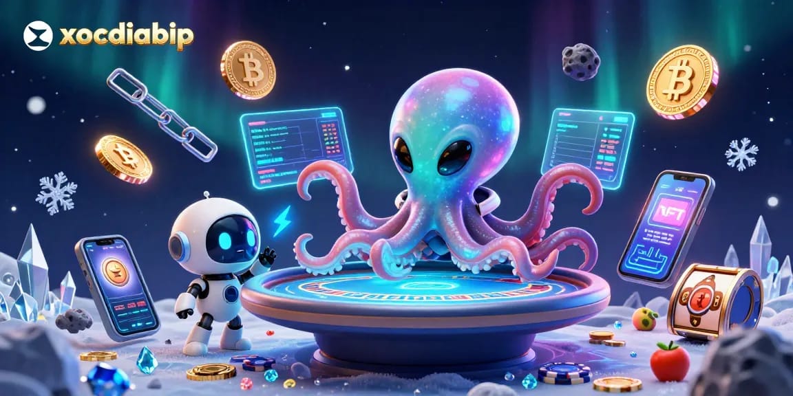 Engage with xocdiabip's thrilling space-themed poker experience with an excited alien octopus and vivid crypto elements.