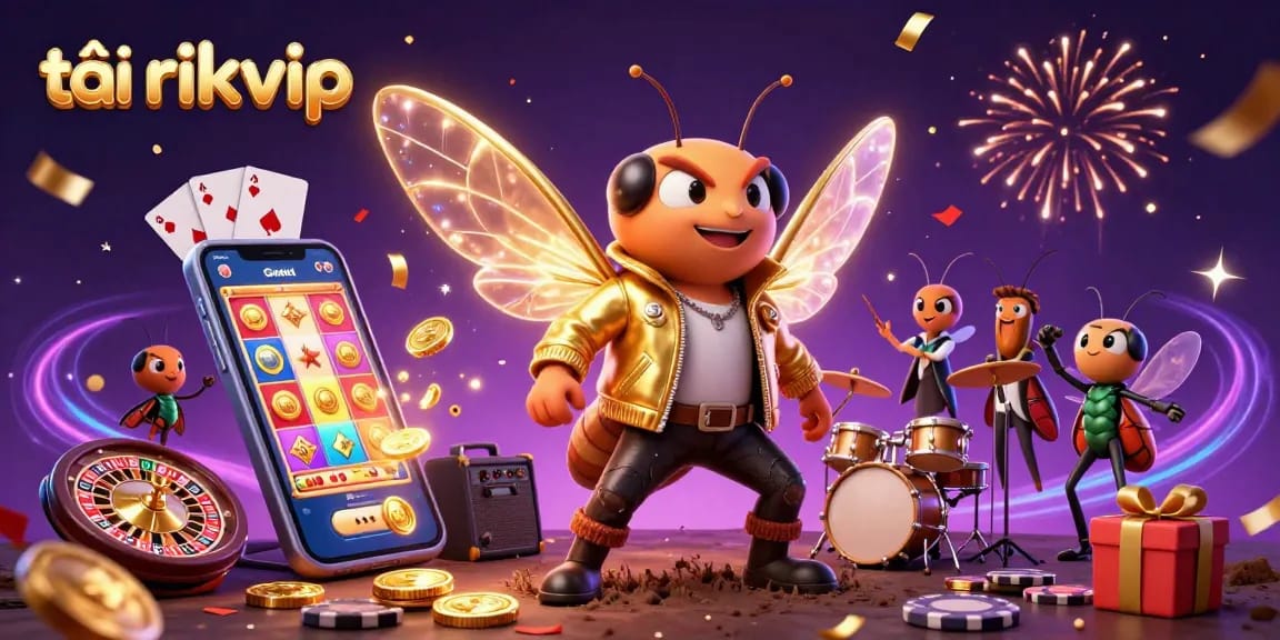 Engage with slots as you tải rikvip with a dazzling scene of a cicada rock star, coins, and cards.