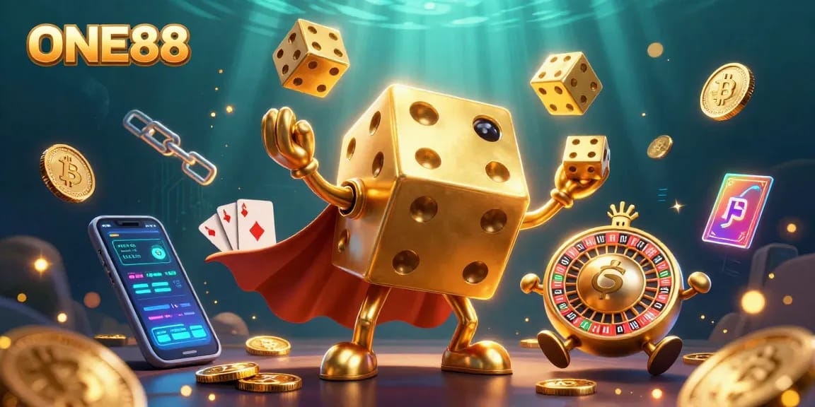 Engage in dynamic gaming with ONE88, featuring a vibrant scene of a golden dice golem and crypto elements.