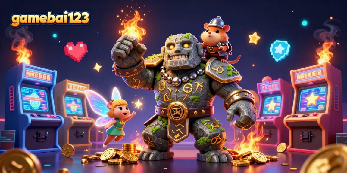 Join the excitement at gamebai123 with a magical scene showcasing an animated golem, fairy, and hamster in a vibrant casino.