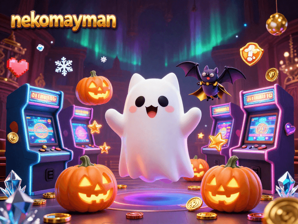 NekoMayman showcases a friendly ghost cat and a vampire bat in a vibrant haunted casino setting with engaging game elements.