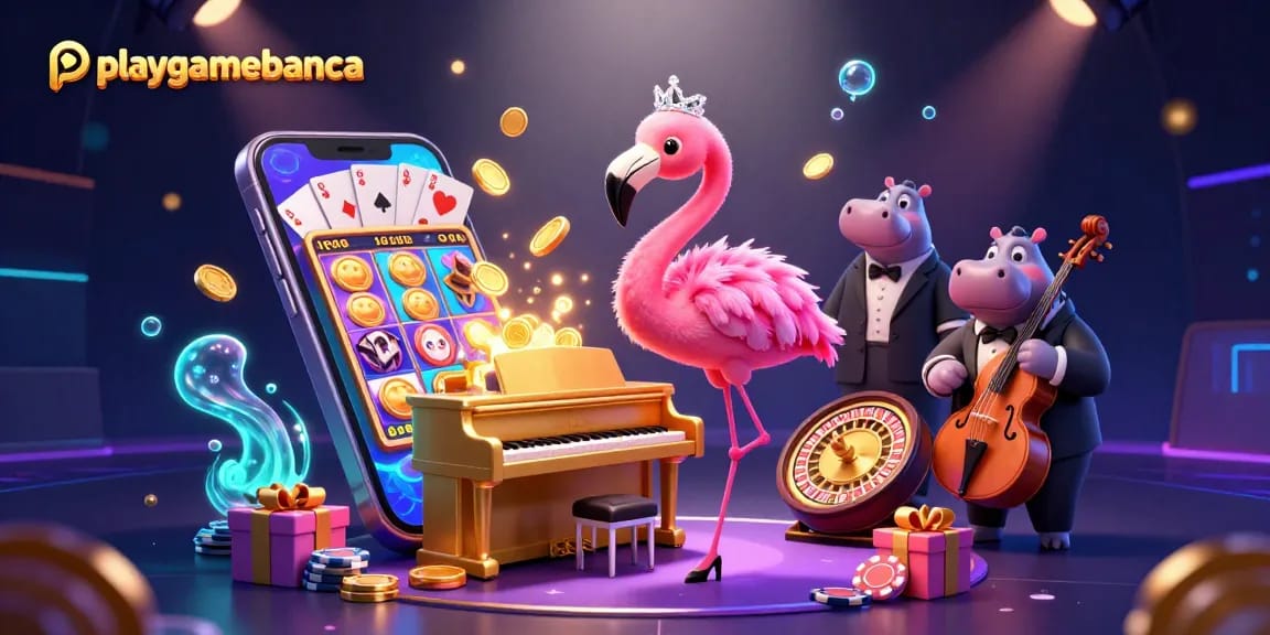 Playgamebanca features vibrant 3D casino characters, spinning slot games, and a lively ambiance, enhancing gameplay excitement.