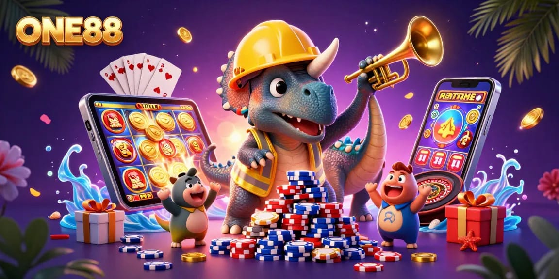 Experience the excitement with ONE88's vibrant casino scene featuring dinosaurs celebrating gambling victories.