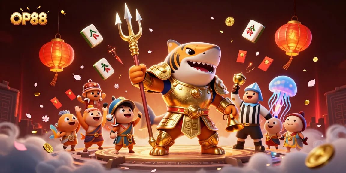 Engage with thrilling OP88 gambling adventures featuring a tiger shark in gladiator armor.