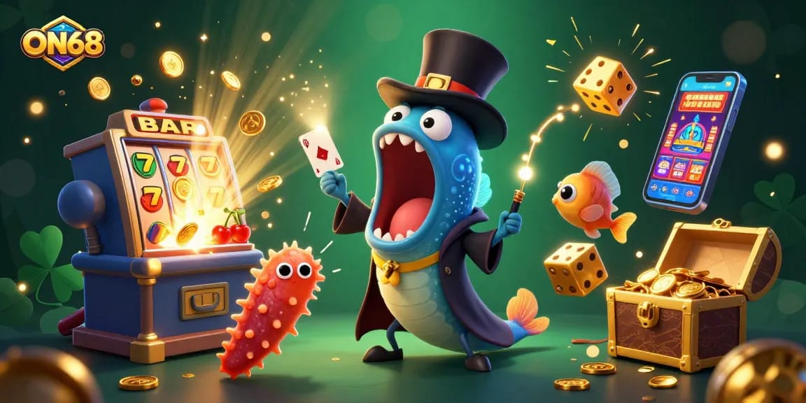 Experience the thrill of gaming with ON68, where a magical eel performs tricks amidst a jackpot explosion.