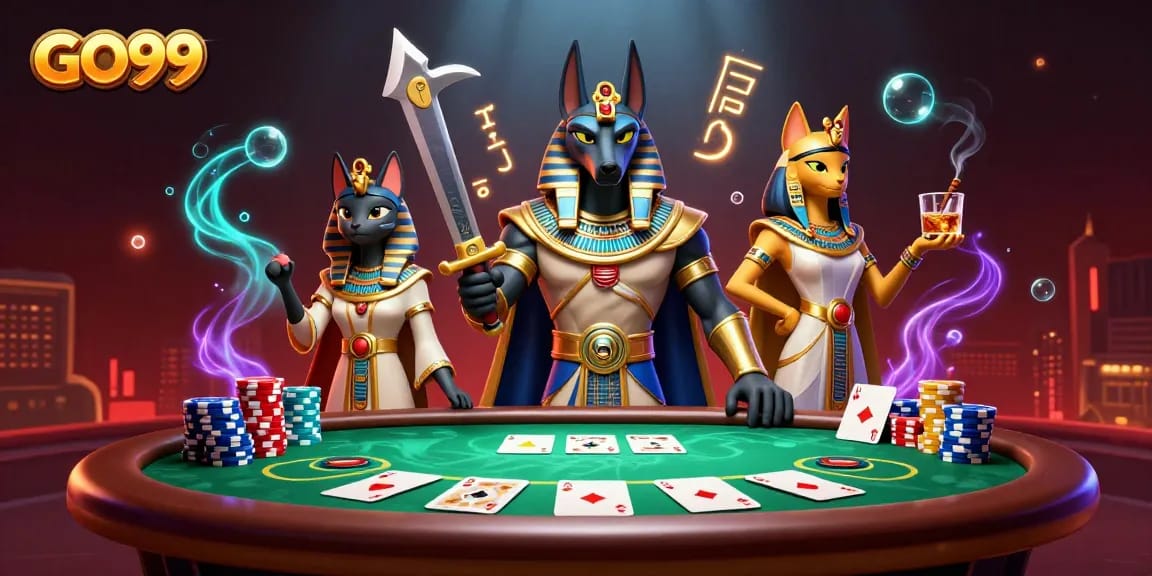 Winning at GO99 poker with Anubis and Bastet in a vibrant 3D casino