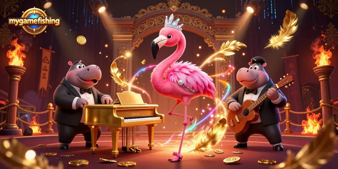 Engage in exciting mygamefishing adventures with a vibrant 3D casino scene featuring lively characters.
