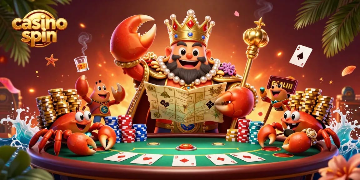 Engage in a thrilling casino spin experience featuring a golden crab emperor and poker elements.