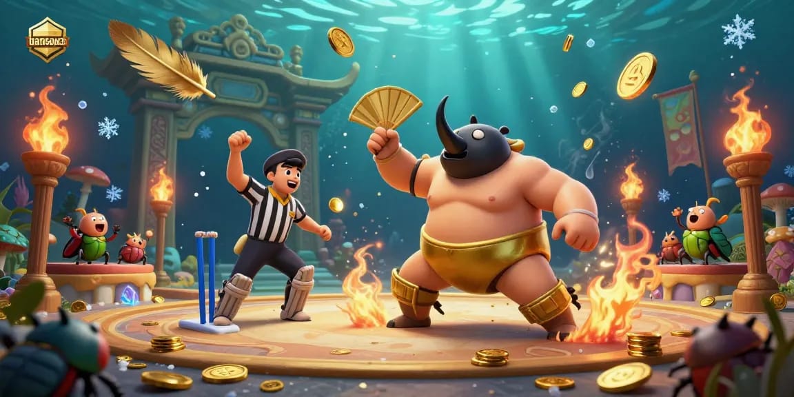 Engage with bancaucb in a vibrant underwater 3D illustrated arena featuring a beetle champion, golden coins, and lively action.