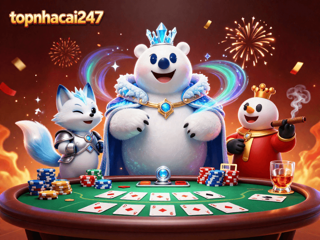 Witness an exhilarating coin flip game at topnhacai247 with vibrant poker elements and cartoon characters.