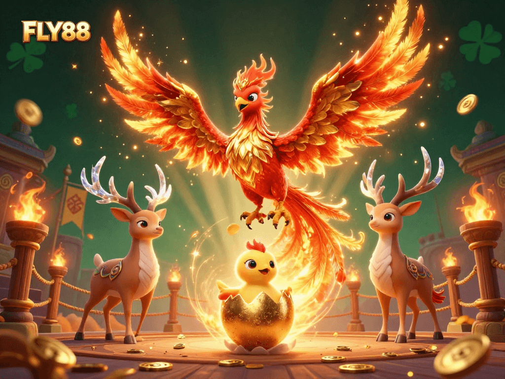 FLY88 invites you to experience the excitement of a dynamic casino scene with golden phoenix elements.