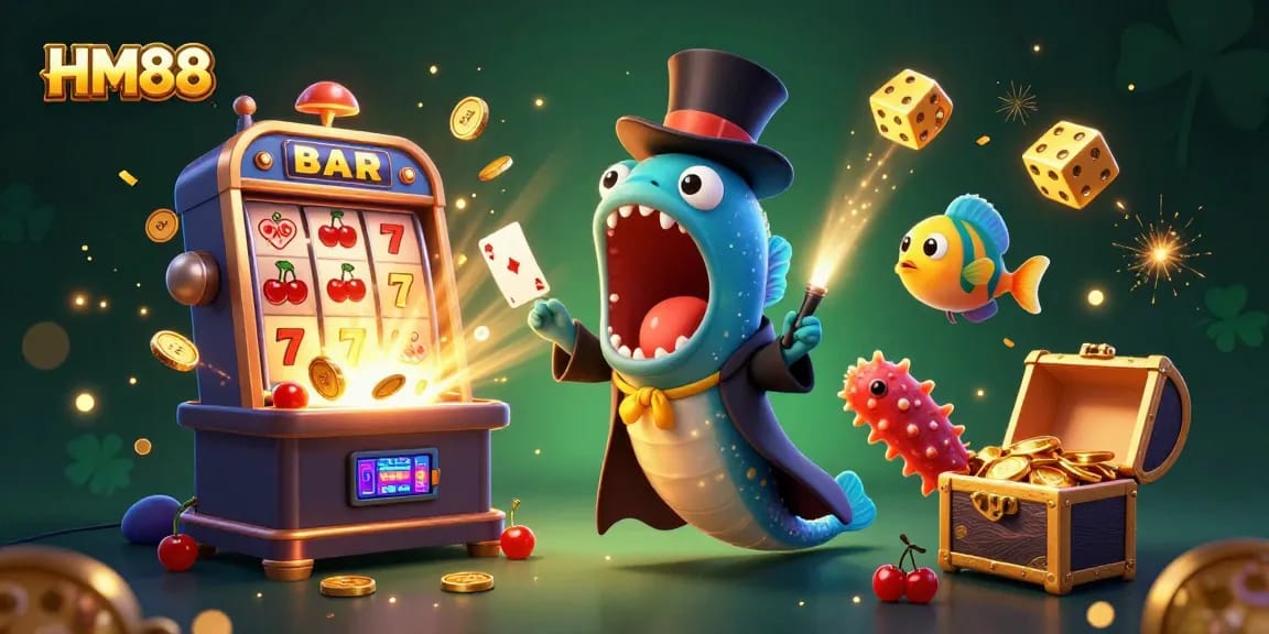 Engage in the thrilling magic of HM88 with vibrant casino elements and playful sea creatures.