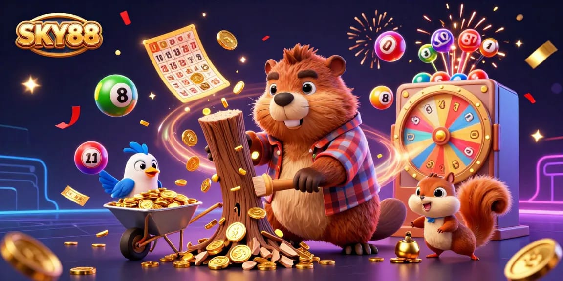 Join SKY88 for a thrilling journey of fortune with a beaver collecting riches amid vibrant lottery scenes.