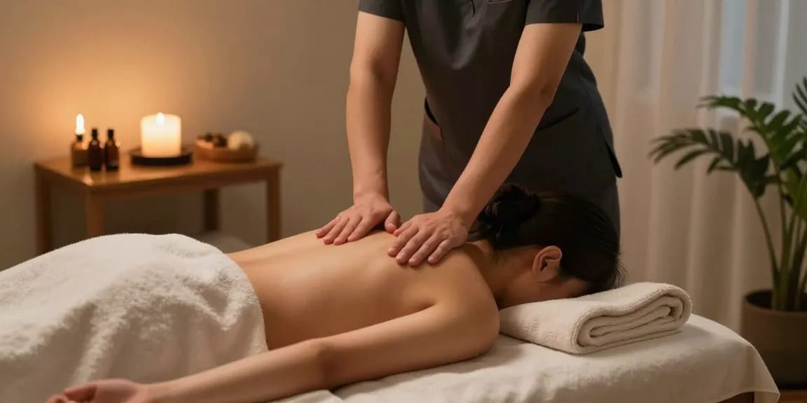 Professional 출장안마 session in a calming home environment with therapist and client.