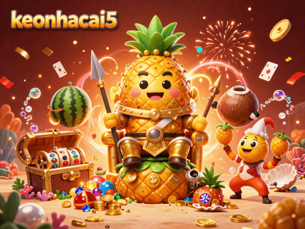 Experience keonhacai5 action with a golden pineapple king amidst casino treasures and vibrant characters.