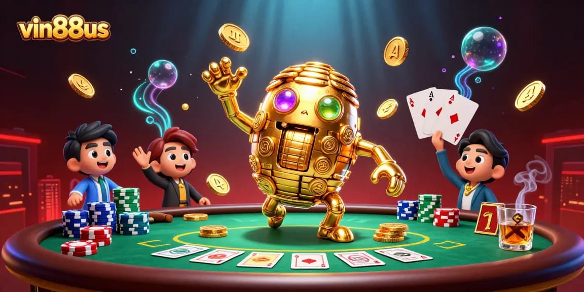 Engage in thrilling moments at vin88us with golden golem and poker elements set against a vibrant backdrop.