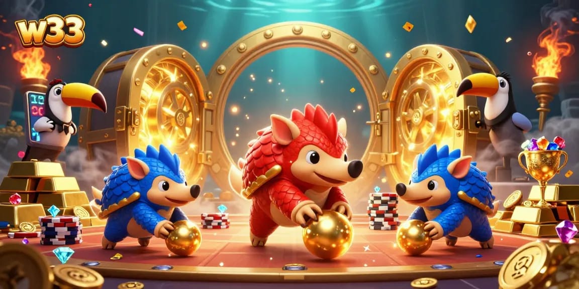 W33 pangolins compete in a thrilling casino showdown amidst gold and treasure.