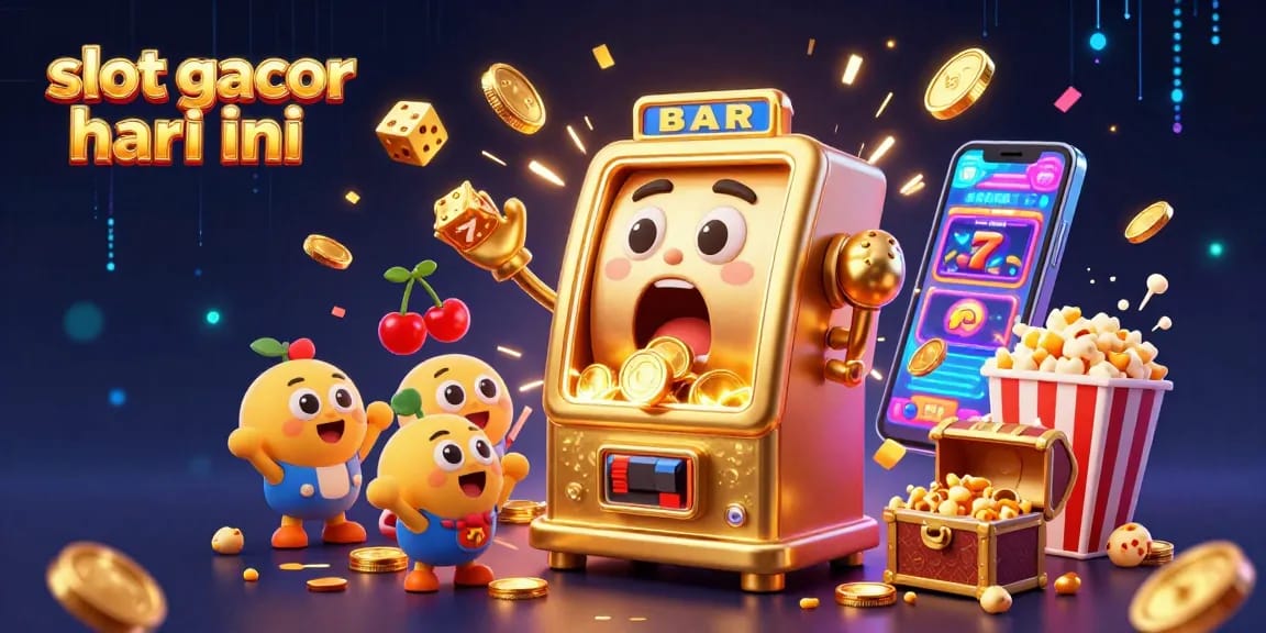 Ilustrasi slot gacor hari ini dengan mesin slot emotif, melimpah koin, dan dekorasi permainan kasino yang megah.