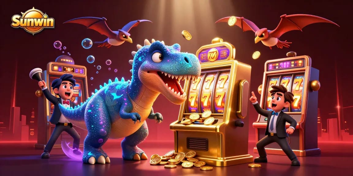Sunwin slot machine illustration featuring dinosaurs winning big with jackpots.