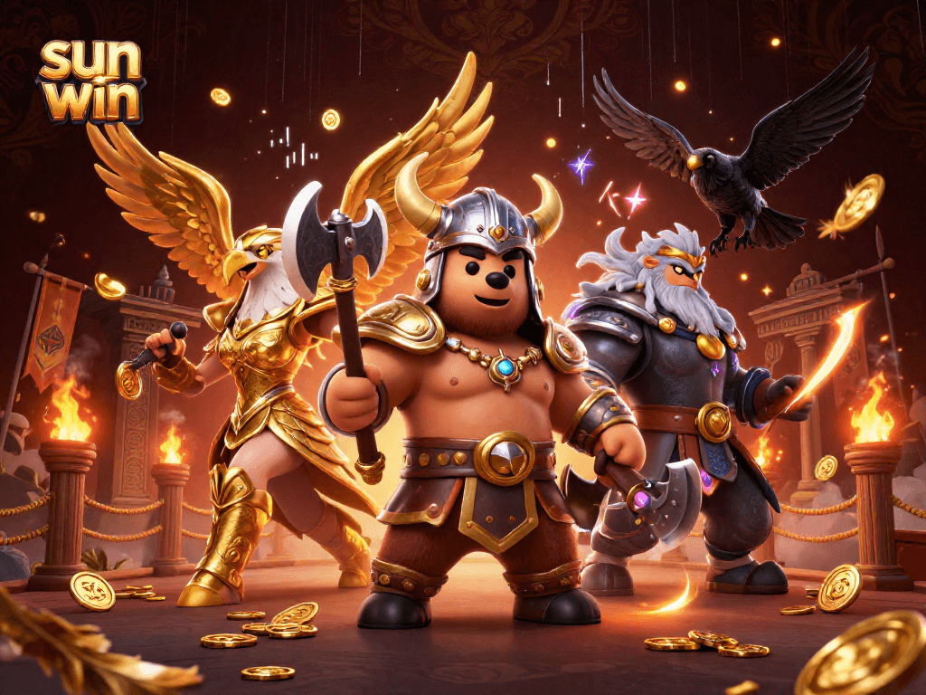 Experience epic winnings at sun win with a Viking bear and Valkyrie eagle in a vibrant gaming scene.