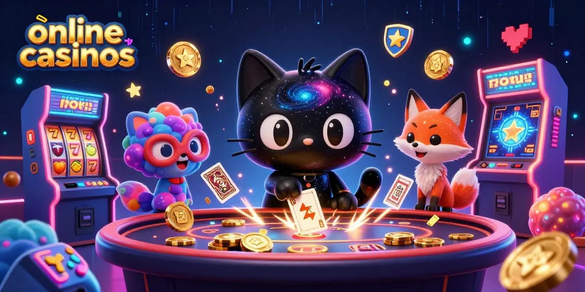 Engage with online casinos through vibrant cosmic gaming art featuring animated cats, slots, and arcade machines.
