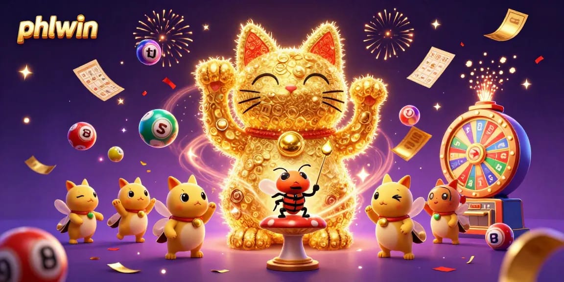 Experience excitement at phlwin as golden fireflies create a lucky cat amidst vibrant casino elements.