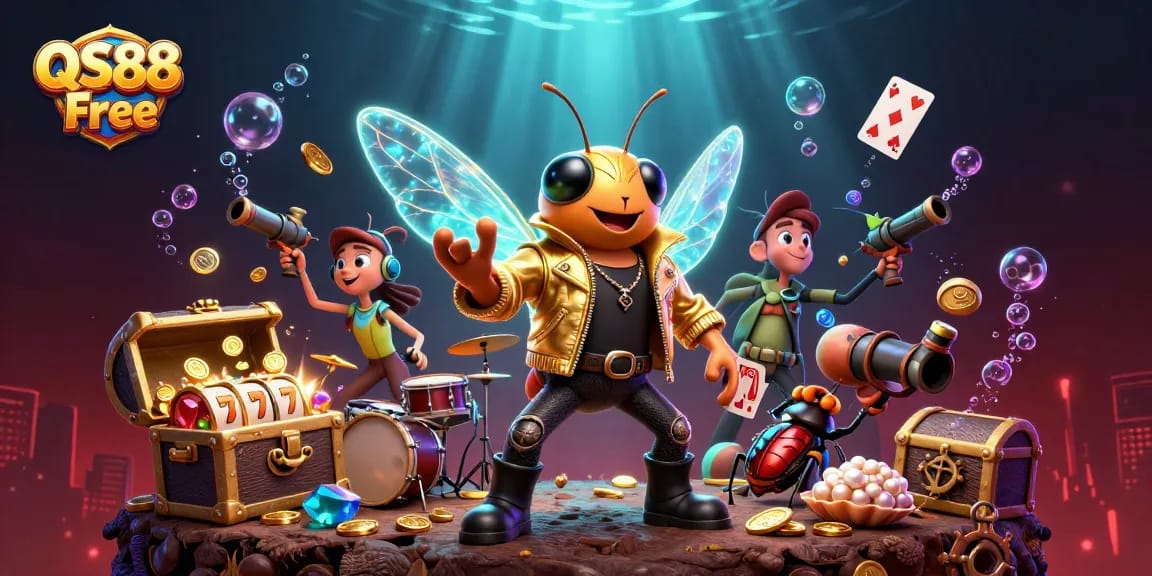 Spin to win at QS88 Free with a lively 3D casino scene featuring a cartoon cicada rock star.