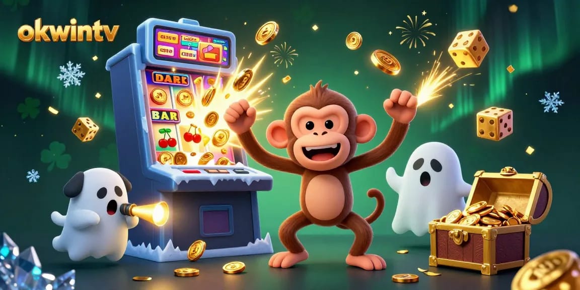 Watch okwintv's 3D cartoon scene of a mischievous monkey juggling golden objects in a dynamic casino