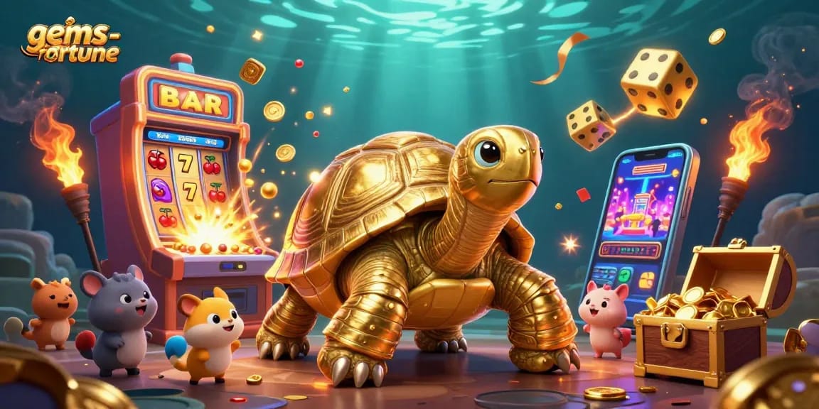 Join the gems-fortune adventure with a golden tortoise and thrilling casino elements in vibrant 3D.
