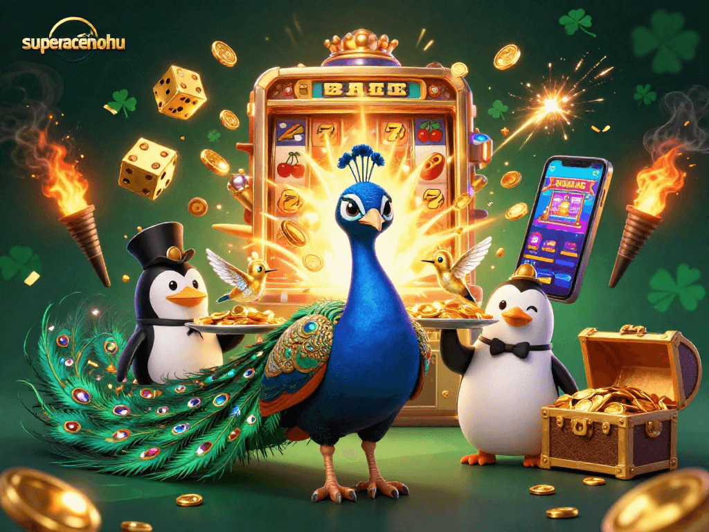 Experience superace-nohu with a vibrant game scene featuring slot machines and dynamic casino elements.