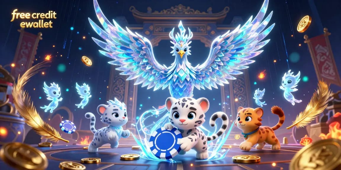 Win with free credit ewallet as a 3D ice phoenix and snow leopard gambol amidst the gaming world.