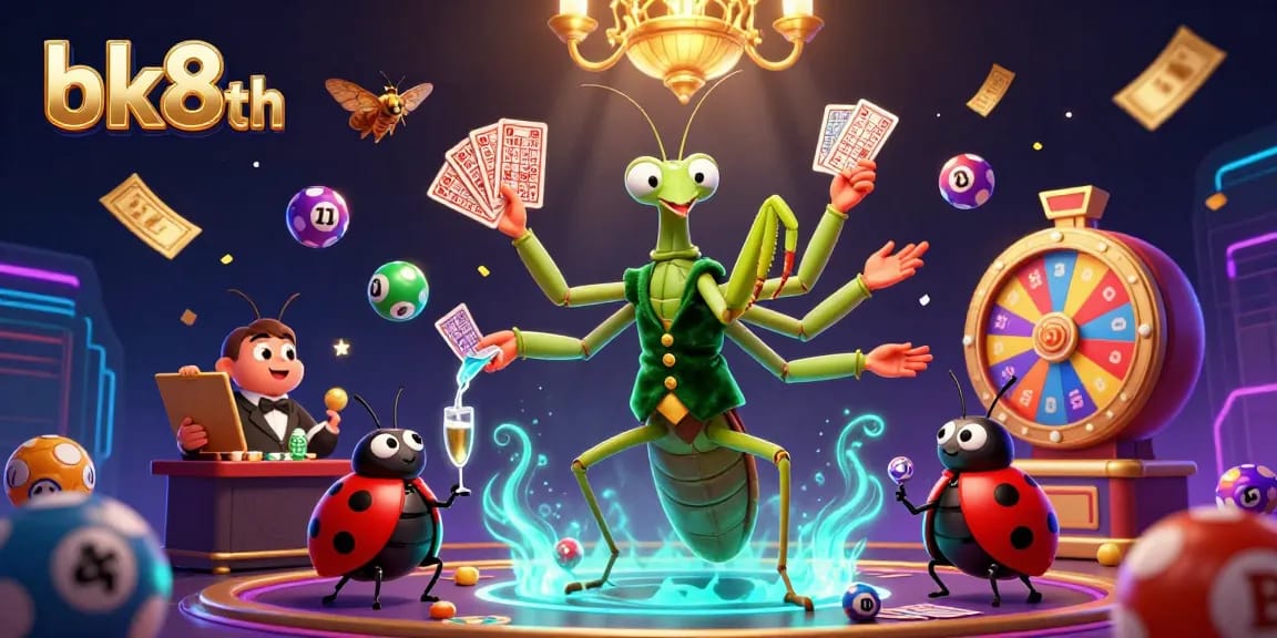 Experience excitement with bk8th as a giant praying mantis card sharp deals cards in a vibrant casino setting.