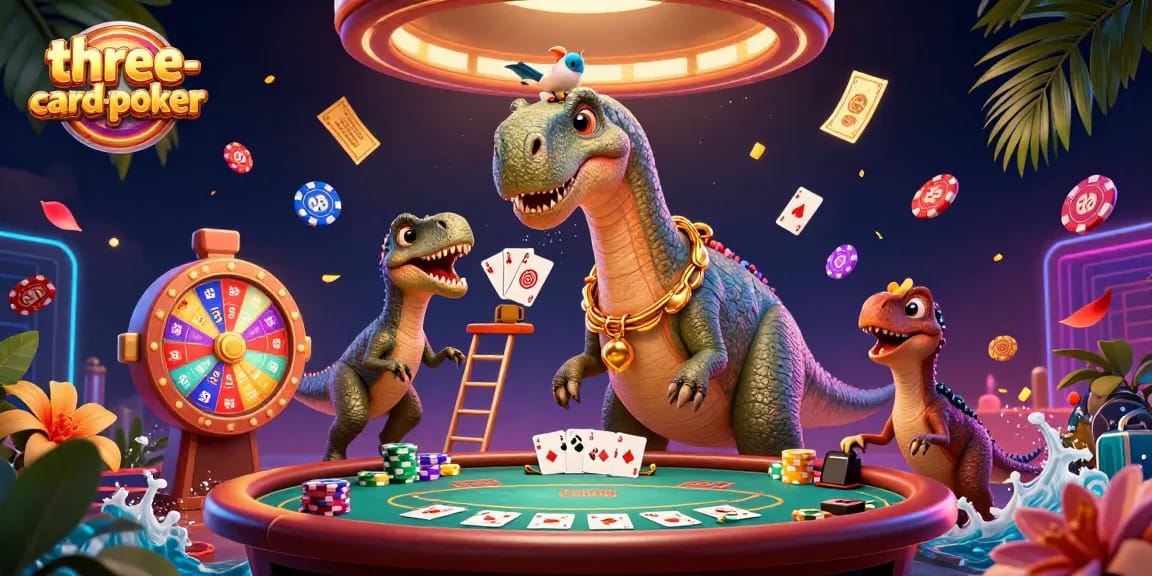 Experience thrilling action at three-card-poker with a giant dinosaur and dynamic game elements.