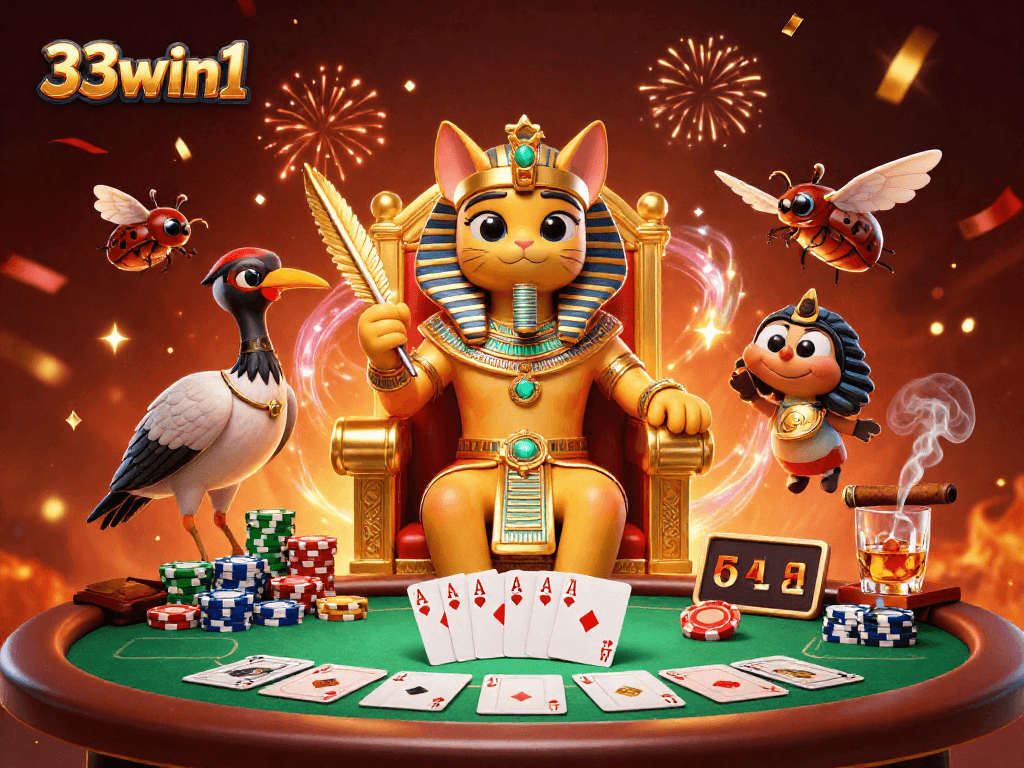 Engage in thrilling gaming action with 33win1 as cartoon characters celebrate casino victories.