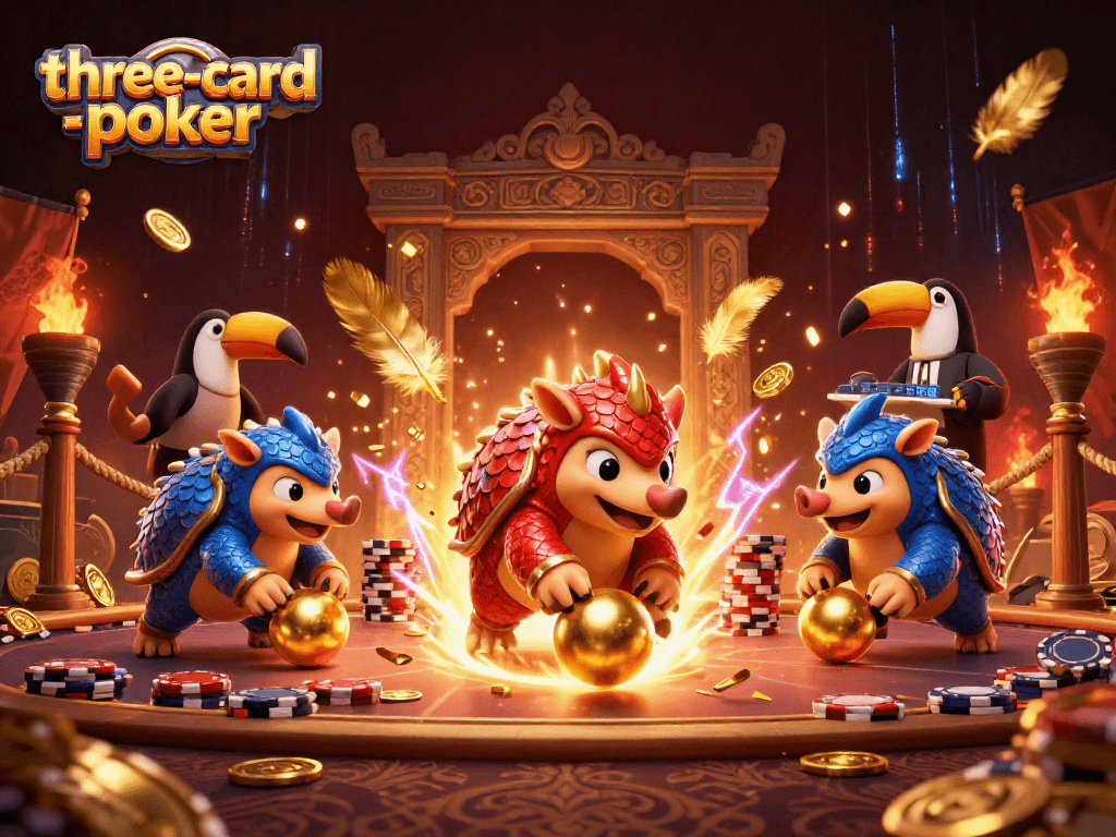 Engage in a thrilling three-card-poker showdown with vibrant pangolins and dynamic casino elements.