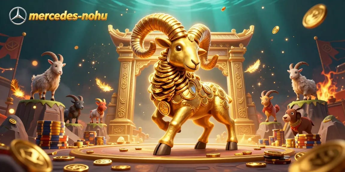 Engage with mercedes-nohu in a vibrant casino scene featuring a charging golden ram and mountain goat spectators.